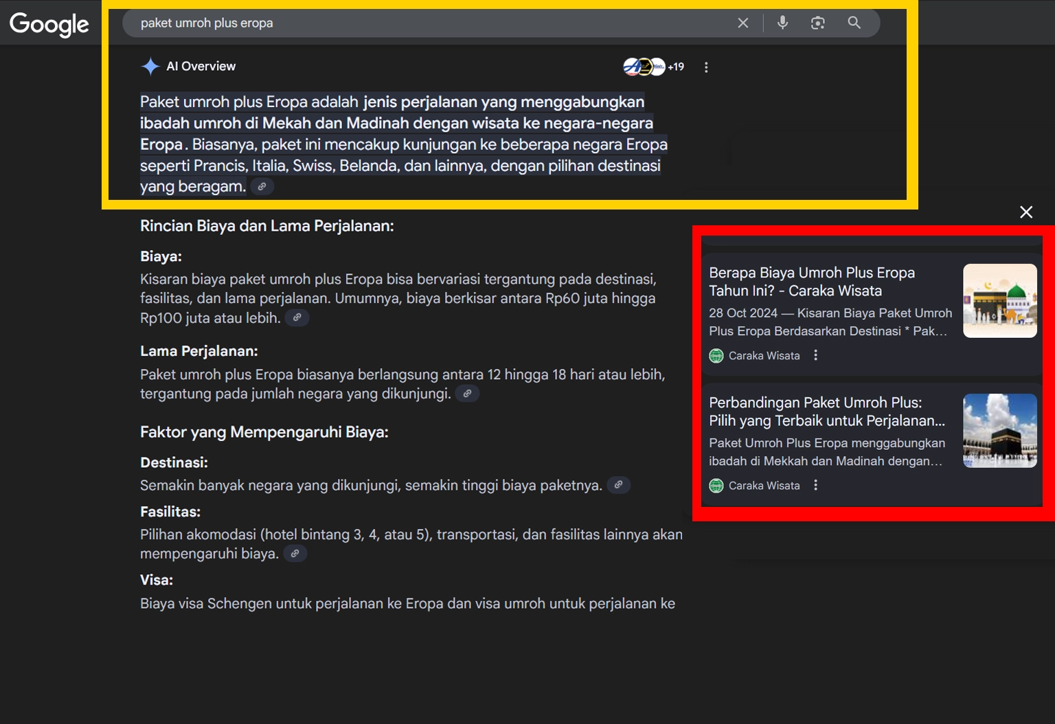 Konten Caraka Wisata Tampil di Sumber AI Overview Google untuk Kata Kunci “Paket Umroh Plus Eropa” Tampilan hasil pencarian Google dengan AI Overview dan artikel dari Caraka Wisata muncul di sisi kanan sebagai sumber utama untuk kata kunci “paket umroh plus eropa”. Setelah menggunakan Layanan SEO Dotnext Digital