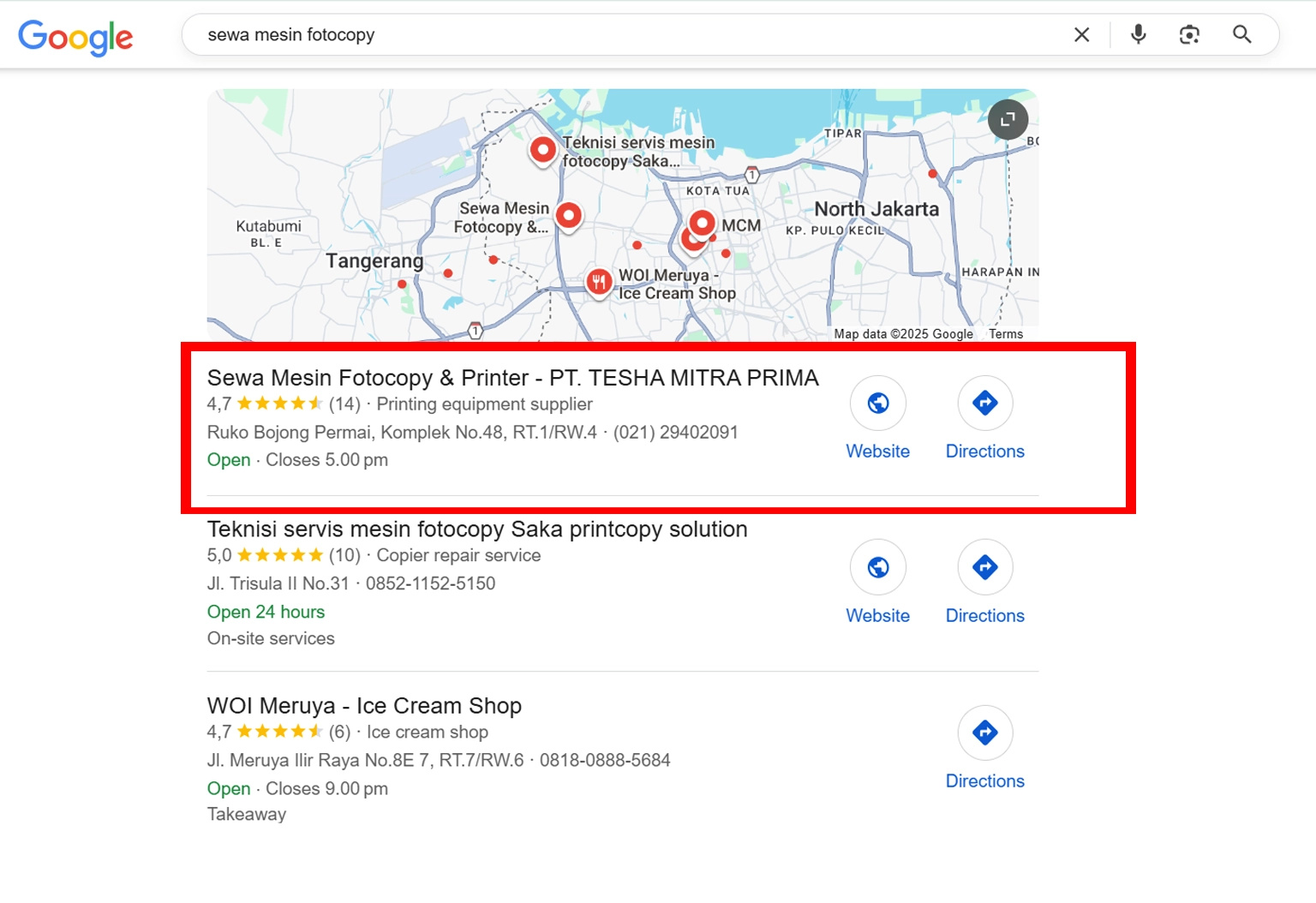 Klien Dotnext Menempati Posisi Teratas di Google Maps untuk Kata Kunci “Sewa Mesin Fotocopy” Tangkapan layar Google Search menampilkan bisnis “Sewa Mesin Fotocopy & Printer – PT. Tesha Mitra Prima” berada di posisi teratas dalam Google Maps Pack untuk pencarian “sewa mesin fotocopy”. salah satu bukti keberhasilan layanan dan strategi Jasa SEO Dotnext