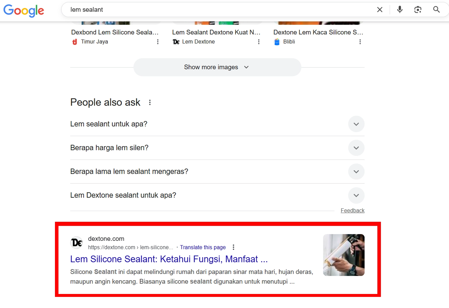 Bukti Peringkat Halaman Pertama Google oleh Jasa SEO Dotnext Jakarta, Bekasi, Tangerang, Screenshot hasil pencarian Google untuk kata kunci "lem sealant" menunjukkan situs klien dari Jasa SEO Dotnext muncul di halaman pertama.