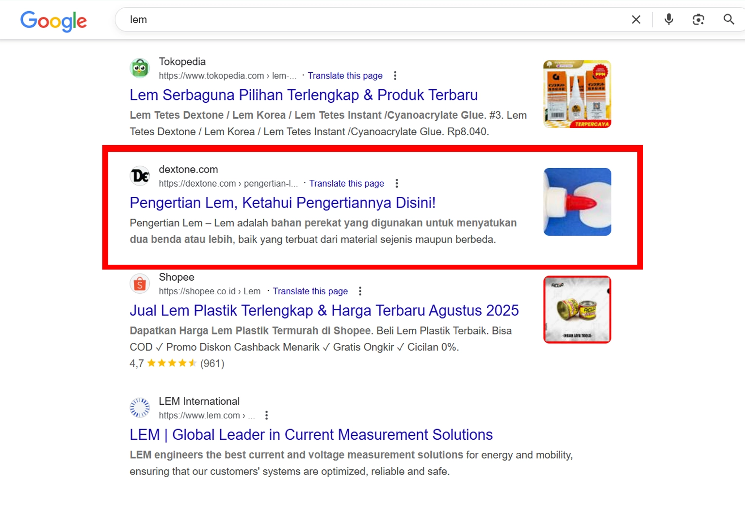 Dotnext Bawa Website Klien Tampil di Peringkat Atas Google untuk Kata Kunci “Lem” Jakarta, Bekasi, Tangerang, Screenshot hasil pencarian Google menampilkan situs dextone.com berada di peringkat atas untuk kata kunci "lem", menunjukkan efektivitas layanan SEO dari Dotnext.
