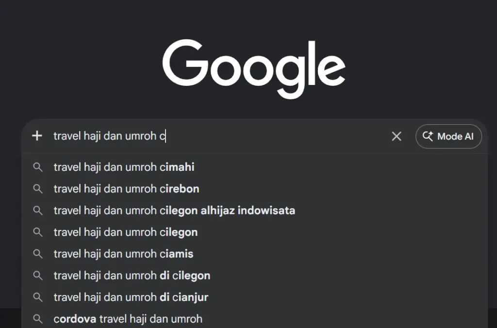 contoh penggunaan Google Autocomplete untuk search terms