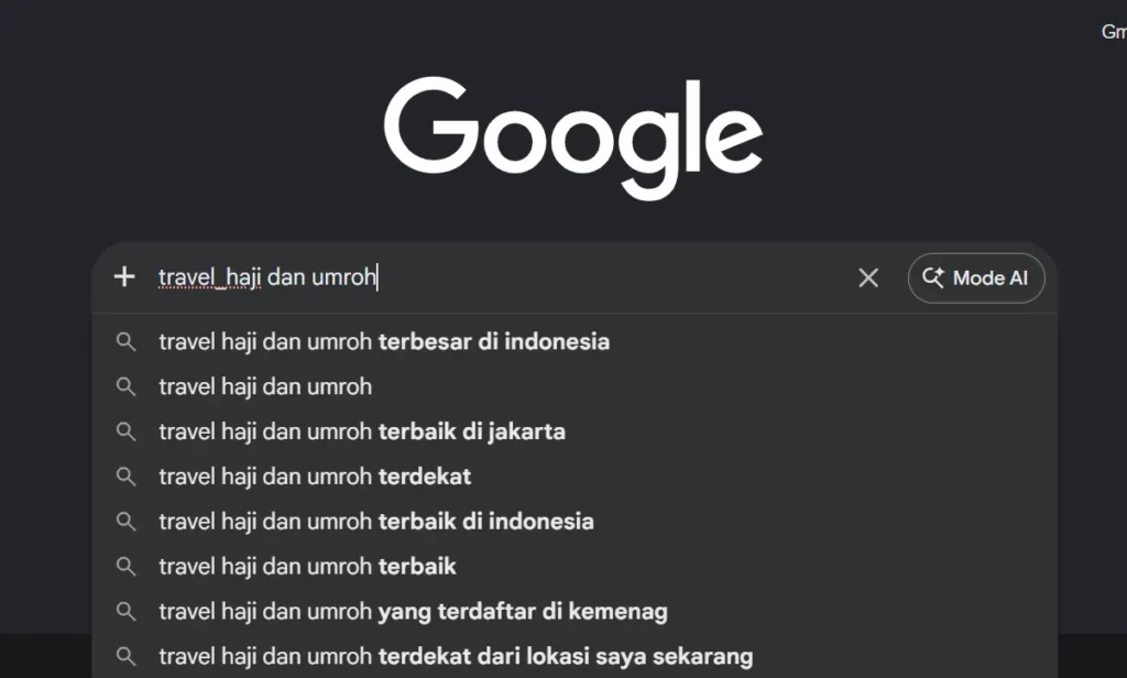 Contoh eksperimen dengan garis bawah google autocomplete untuk mencari id search terms
