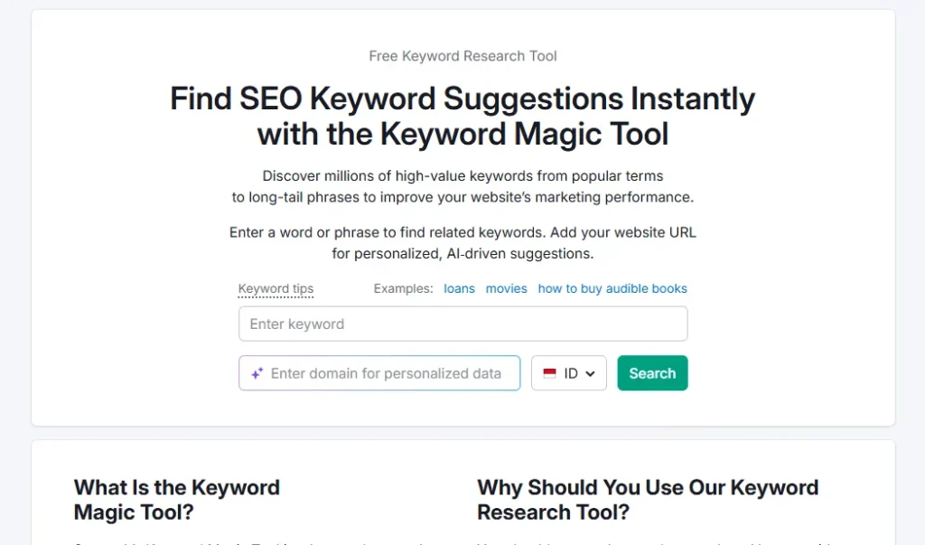menampilkan Keyword magic tool semrush