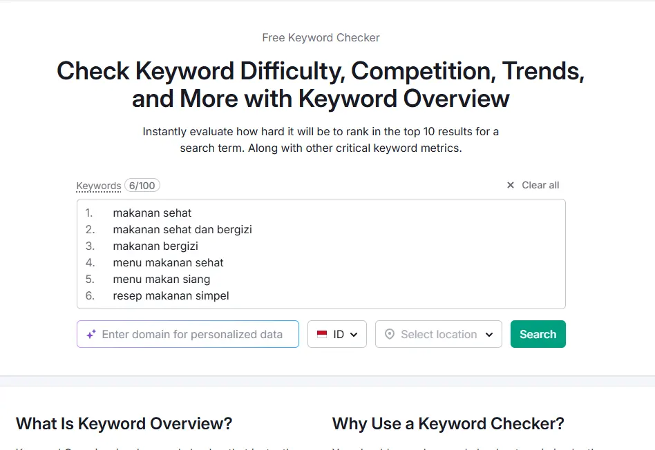 mengecek metrik kata kunci dengan keyword overview
