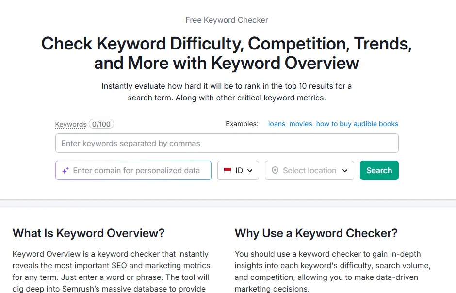 penampakan Keyword overview semrush untuk keyword checker